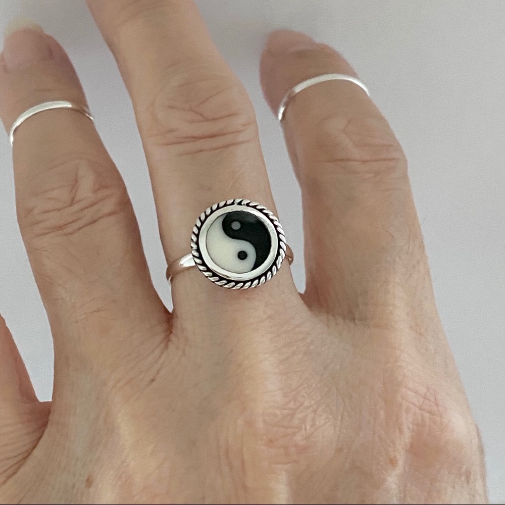 Silver Braid Round Yin Yang Ring with Braid, Silver Rings, Yoga, Balance of Life